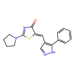 (Z)-5-((3-phenyl-1H-pyrazol-4-yl)methylene)-2-(pyrrolidin-1-yl)thiazol-4(5H)-one structure