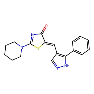 (Z)-5-((3-phenyl-1H-pyrazol-4-yl)methylene)-2-(piperidin-1-yl)thiazol-4(5H)-one structure
