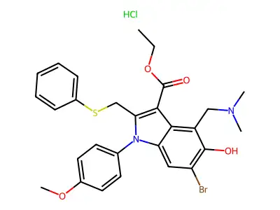 1H-Indole-3-carboxylic acid, 6-bromo-4-((dimethylamino)methyl)-5-hydroxy-1-(4-methoxyphenyl)-2-((phenylthio)methyl)-, ethyl ester, monohydrochloride structure
