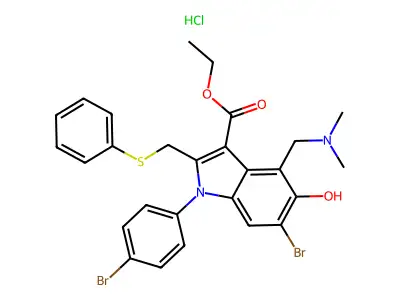 1H-Indole-3-carboxylic acid, 6-bromo-1-(4-bromophenyl)-4-((dimethylamino)methyl)-5-hydroxy-2-((phenylthio)methyl)-, ethyl ester, monohydrochloride structure