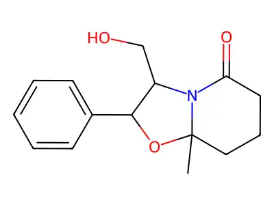 2alpha-Phenyl-3beta-(hydroxymethyl)-8abeta-methylhexahydro-5H-oxazolo[3,2-a]pyridine-5-one structure