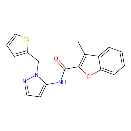 3-methyl-N-[1-(thiophen-2-ylmethyl)-1H-pyrazol-5-yl]-1-benzofuran-2-carboxamide structure