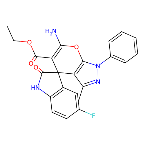 ethyl 6'-amino-5-fluoro-3'-methyl-2-oxo-1'-phenyl-1'H-spiro[indoline-3,4'-pyrano[2,3-c]pyrazole]-5'-carboxylate structure