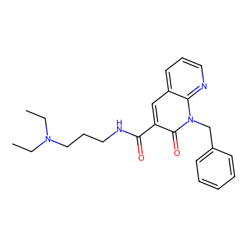 1-benzyl-N-[3-(diethylamino)propyl]-2-oxo-1,2-dihydro-1,8-naphthyridine-3-carboxamide structure