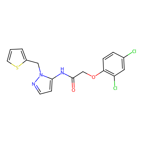 2-(2,4-dichlorophenoxy)-N-[1-(thiophen-2-ylmethyl)-1H-pyrazol-5-yl]acetamide structure