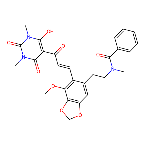 (E)-N-(2-(6-(3-(6-hydroxy-1,3-dimethyl-2,4-dioxo-1,2,3,4-tetrahydropyrimidin-5-yl)-3-oxoprop-1-en-1-yl)-7-methoxybenzo[d][1,3]dioxol-5-yl)ethyl)-N-methylbenzamide structure
