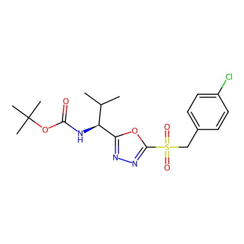 (S)-tert-butyl (1-(5-((4-chlorobenzyl)sulfonyl)-1,3,4-oxadiazol-2-yl)-2-methylpropyl)carbamate structure