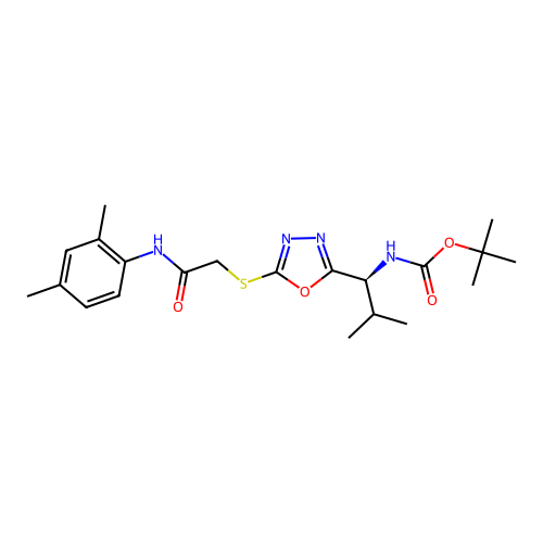 (S)-tert-butyl (1-(5-((2-((2,4-dimethylphenyl)amino)-2-oxoethyl)thio)-1,3,4-oxadiazol-2-yl)-2-methylpropyl)carbamate structure