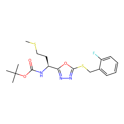 (S)-tert-butyl (1-(5-((2-fluorobenzyl)thio)-1,3,4-oxadiazol-2-yl)-3-(methylthio)propyl)carbamate structure