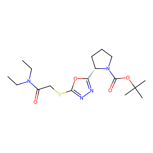 (S)-tert-butyl 2-(5-((2-(diethylamino)-2-oxoethyl)thio)-1,3,4-oxadiazol-2-yl)pyrrolidine-1-carboxylate structure