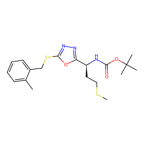 (S)-tert-butyl (1-(5-((2-methylbenzyl)thio)-1,3,4-oxadiazol-2-yl)-3-(methylthio)propyl)carbamate structure