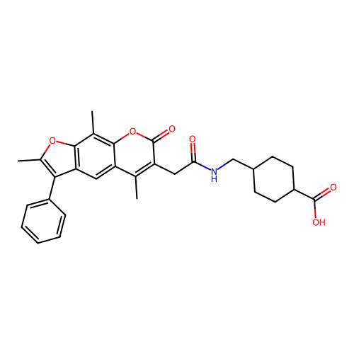 (1s,4s)-4-((2-(2,5,9-trimethyl-7-oxo-3-phenyl-7H-furo[3,2-g]chromen-6-yl)acetamido)methyl)cyclohexanecarboxylic acid structure