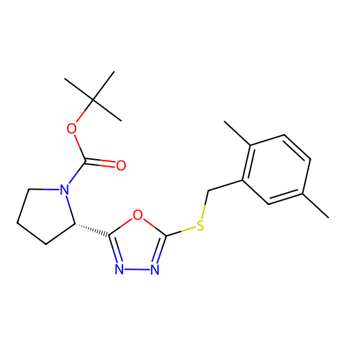 (S)-tert-butyl 2-(5-((2,5-dimethylbenzyl)thio)-1,3,4-oxadiazol-2-yl)pyrrolidine-1-carboxylate structure