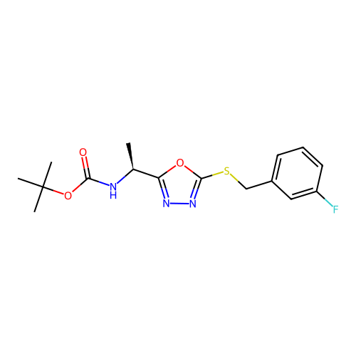 (S)-tert-butyl (1-(5-((3-fluorobenzyl)thio)-1,3,4-oxadiazol-2-yl)ethyl)carbamate structure