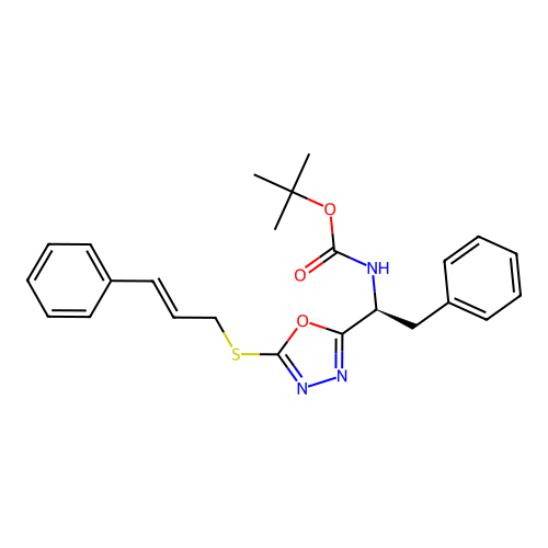 (S,E)-tert-butyl (1-(5-(cinnamylthio)-1,3,4-oxadiazol-2-yl)-2-phenylethyl)carbamate structure