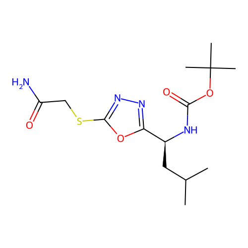 (S)-tert-butyl (1-(5-((2-amino-2-oxoethyl)thio)-1,3,4-oxadiazol-2-yl)-3-methylbutyl)carbamate structure