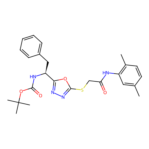 (S)-tert-butyl (1-(5-((2-((2,5-dimethylphenyl)amino)-2-oxoethyl)thio)-1,3,4-oxadiazol-2-yl)-2-phenylethyl)carbamate structure