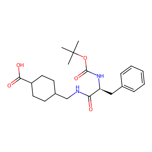trans-4-({[N-(tert-butoxycarbonyl)-L-phenylalanyl]amino}methyl)cyclohexanecarboxylic acid structure