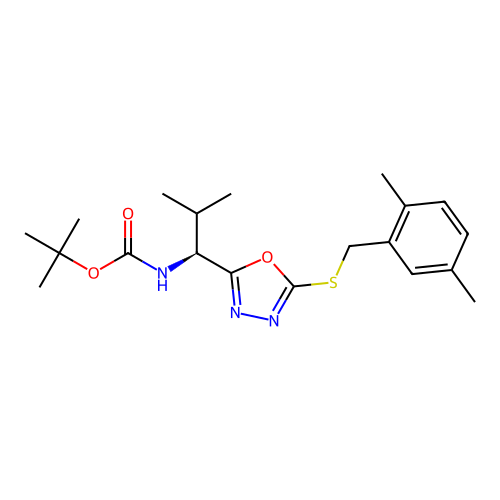 (S)-tert-butyl (1-(5-((2,5-dimethylbenzyl)thio)-1,3,4-oxadiazol-2-yl)-2-methylpropyl)carbamate structure