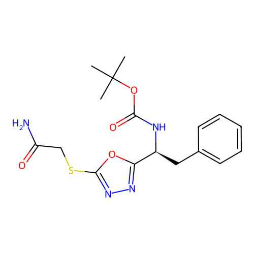 tert-butyl N-[(1S)-1-[5-(2-amino-2-oxoethyl)sulfanyl-1,3,4-oxadiazol-2-yl]-2-phenylethyl]carbamate structure