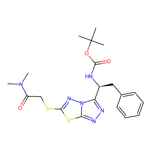 (S)-tert-butyl (1-(6-((2-(dimethylamino)-2-oxoethyl)thio)-[1,2,4]triazolo[3,4-b][1,3,4]thiadiazol-3-yl)-2-phenylethyl)carbamate structure