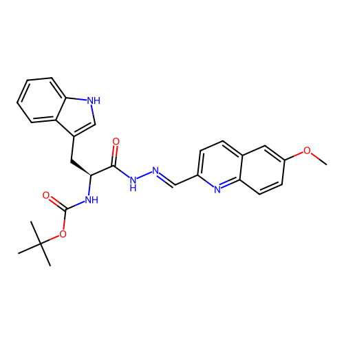 (S,E)-tert-butyl (3-(1H-indol-3-yl)-1-(2-((6-methoxyquinolin-2-yl)methylene)hydrazinyl)-1-oxopropan-2-yl)carbamate structure