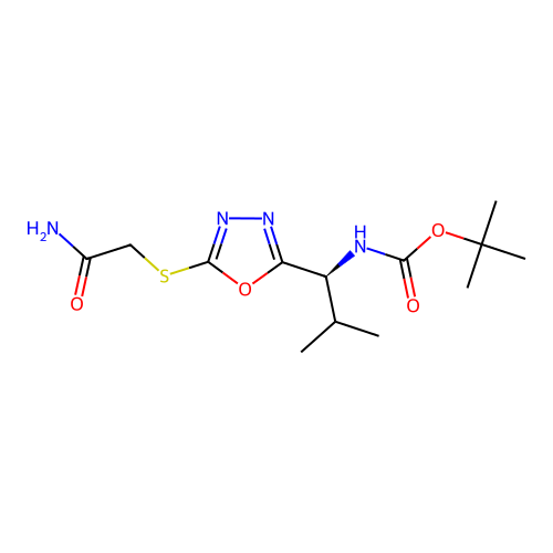 (S)-tert-butyl (1-(5-((2-amino-2-oxoethyl)thio)-1,3,4-oxadiazol-2-yl)-2-methylpropyl)carbamate structure