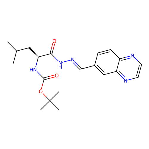 (S,E)-tert-butyl (4-methyl-1-oxo-1-(2-(quinoxalin-6-ylmethylene)hydrazinyl)pentan-2-yl)carbamate structure