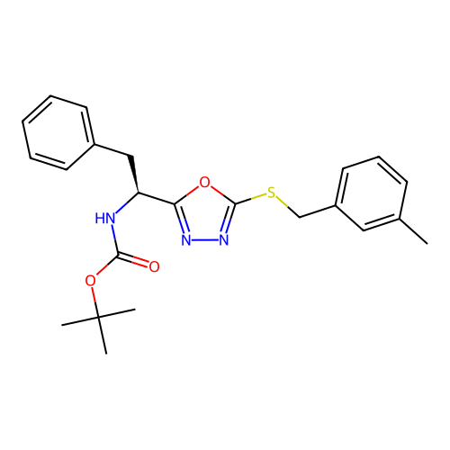 (S)-tert-butyl (1-(5-((3-methylbenzyl)thio)-1,3,4-oxadiazol-2-yl)-2-phenylethyl)carbamate structure