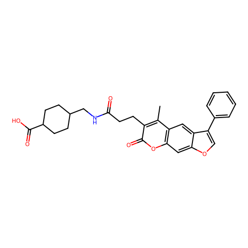 (1s,4s)-4-((3-(5-methyl-7-oxo-3-phenyl-7H-furo[3,2-g]chromen-6-yl)propanamido)methyl)cyclohexanecarboxylic acid structure