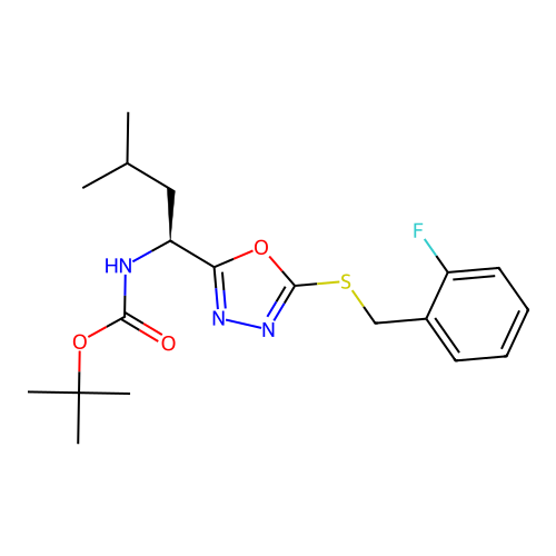 (S)-tert-butyl (1-(5-((2-fluorobenzyl)thio)-1,3,4-oxadiazol-2-yl)-3-methylbutyl)carbamate structure