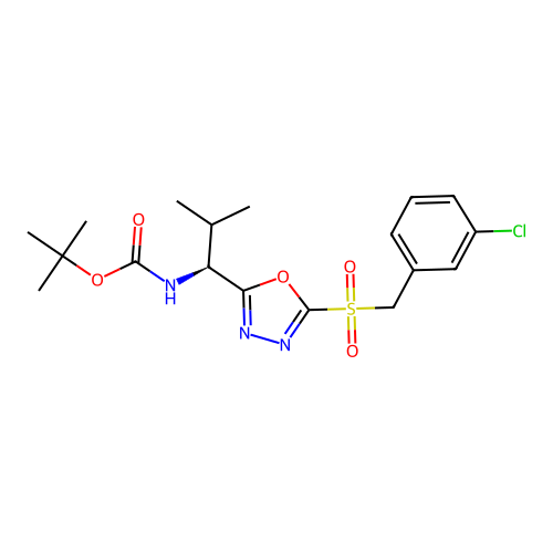 (S)-tert-butyl (1-(5-((3-chlorobenzyl)sulfonyl)-1,3,4-oxadiazol-2-yl)-2-methylpropyl)carbamate structure