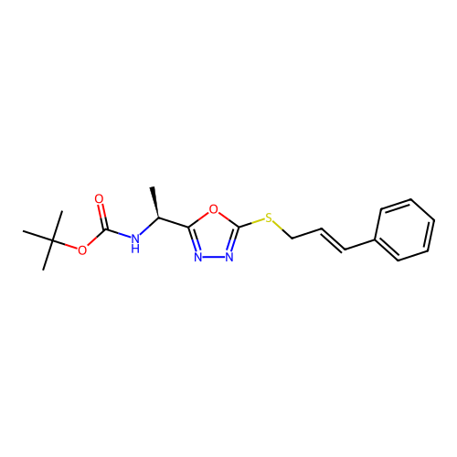 (S,E)-tert-butyl (1-(5-(cinnamylthio)-1,3,4-oxadiazol-2-yl)ethyl)carbamate structure