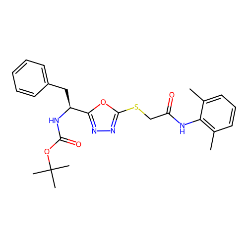 (S)-tert-butyl (1-(5-((2-((2,6-dimethylphenyl)amino)-2-oxoethyl)thio)-1,3,4-oxadiazol-2-yl)-2-phenylethyl)carbamate structure