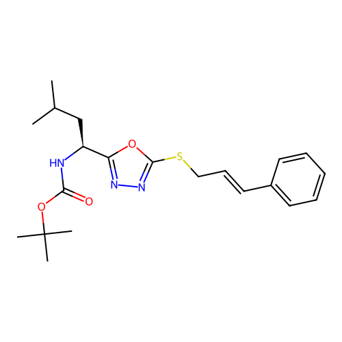 (S,E)-tert-butyl (1-(5-(cinnamylthio)-1,3,4-oxadiazol-2-yl)-3-methylbutyl)carbamate structure
