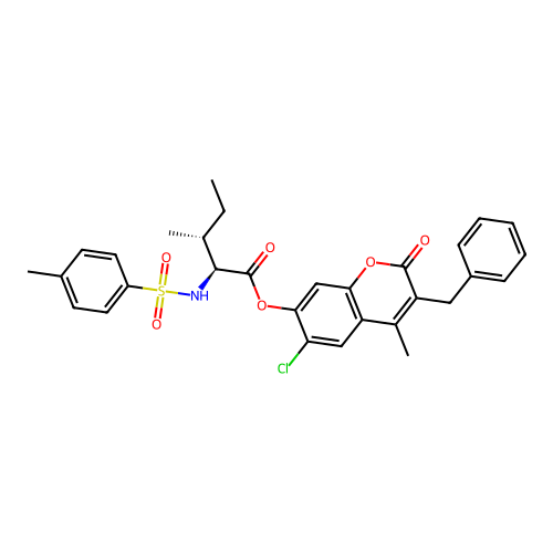 (2S,3R)-3-benzyl-6-chloro-4-methyl-2-oxo-2H-chromen-7-yl 3-methyl-2-(4-methylphenylsulfonamido)pentanoate structure
