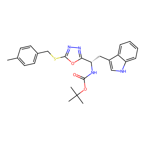 (S)-tert-butyl (2-(1H-indol-3-yl)-1-(5-((4-methylbenzyl)thio)-1,3,4-oxadiazol-2-yl)ethyl)carbamate structure