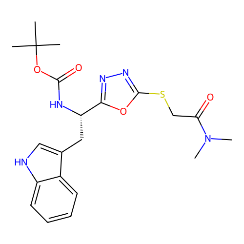 (S)-tert-butyl (1-(5-((2-(dimethylamino)-2-oxoethyl)thio)-1,3,4-oxadiazol-2-yl)-2-(1H-indol-3-yl)ethyl)carbamate structure