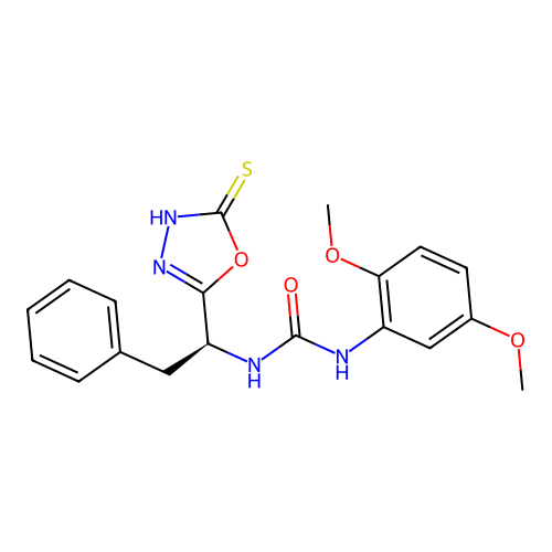 (S)-1-(2,5-dimethoxyphenyl)-3-(1-(5-mercapto-1,3,4-oxadiazol-2-yl)-2-phenylethyl)urea structure