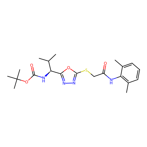 (S)-tert-butyl (1-(5-((2-((2,6-dimethylphenyl)amino)-2-oxoethyl)thio)-1,3,4-oxadiazol-2-yl)-2-methylpropyl)carbamate structure