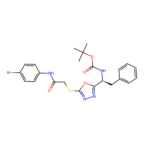 (S)-tert-butyl (1-(5-((2-((4-bromophenyl)amino)-2-oxoethyl)thio)-1,3,4-oxadiazol-2-yl)-2-phenylethyl)carbamate structure