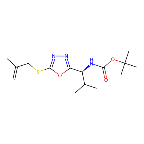 (S)-tert-butyl (2-methyl-1-(5-((2-methylallyl)thio)-1,3,4-oxadiazol-2-yl)propyl)carbamate structure