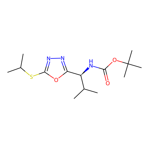 (S)-tert-butyl (1-(5-(isopropylthio)-1,3,4-oxadiazol-2-yl)-2-methylpropyl)carbamate structure