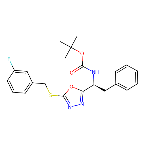 (S)-tert-butyl (1-(5-((3-fluorobenzyl)thio)-1,3,4-oxadiazol-2-yl)-2-phenylethyl)carbamate structure