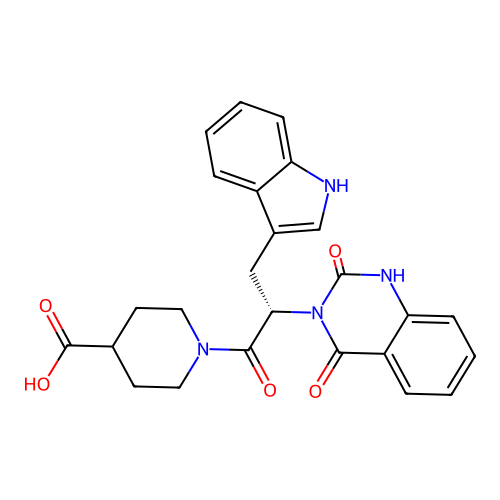 (S)-1-(2-(2,4-dioxo-1,2-dihydroquinazolin-3(4H)-yl)-3-(1H-indol-3-yl)propanoyl)piperidine-4-carboxylic acid structure