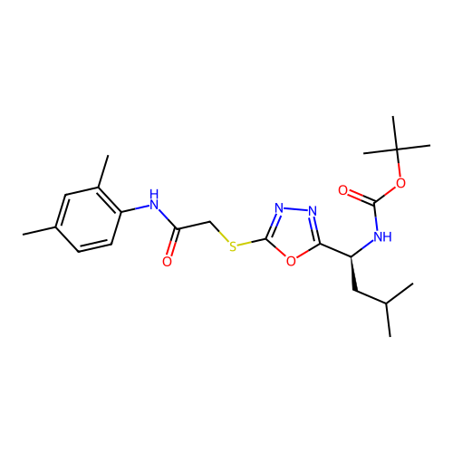 (S)-tert-butyl (1-(5-((2-((2,4-dimethylphenyl)amino)-2-oxoethyl)thio)-1,3,4-oxadiazol-2-yl)-3-methylbutyl)carbamate structure