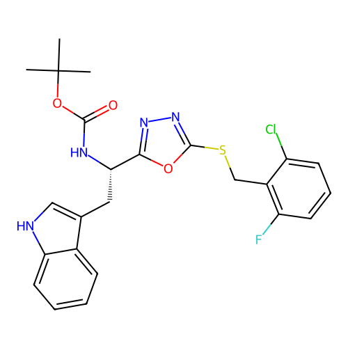 (S)-tert-butyl (1-(5-((2-chloro-6-fluorobenzyl)thio)-1,3,4-oxadiazol-2-yl)-2-(1H-indol-3-yl)ethyl)carbamate structure