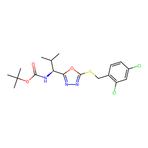 (S)-tert-butyl (1-(5-((2,4-dichlorobenzyl)thio)-1,3,4-oxadiazol-2-yl)-2-methylpropyl)carbamate structure