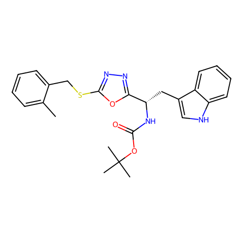 (S)-tert-butyl (2-(1H-indol-3-yl)-1-(5-((2-methylbenzyl)thio)-1,3,4-oxadiazol-2-yl)ethyl)carbamate structure