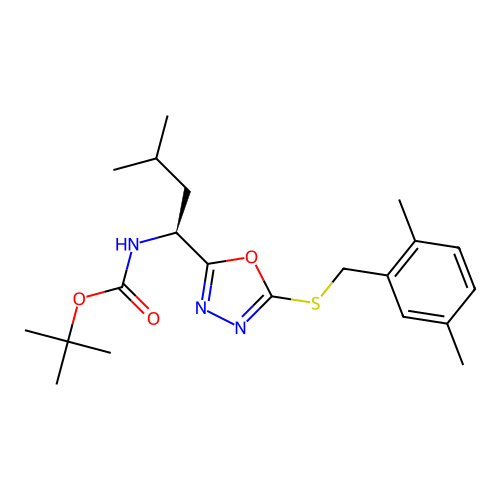 (S)-tert-butyl (1-(5-((2,5-dimethylbenzyl)thio)-1,3,4-oxadiazol-2-yl)-3-methylbutyl)carbamate structure